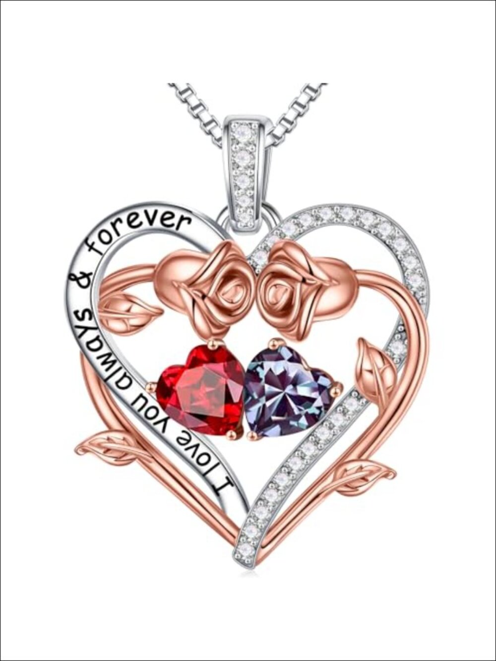 925 Sterling Silver Double Heart Birthstone Pendant Necklace 18 Inch Women Gift